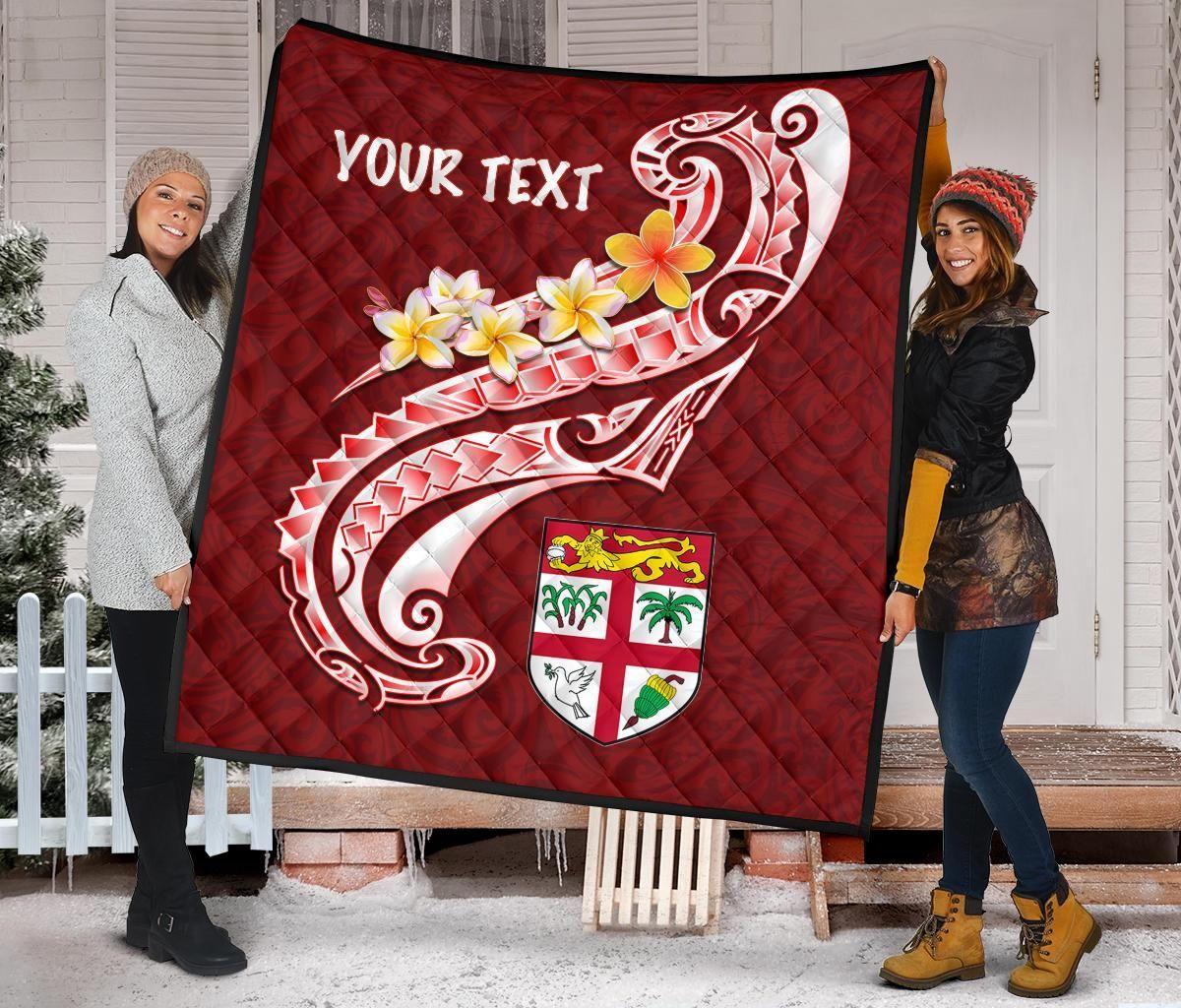 Fiji Custom Personalised Premium Quilt- Fiji Seal  Polynesian Patterns Plumeria (Red)