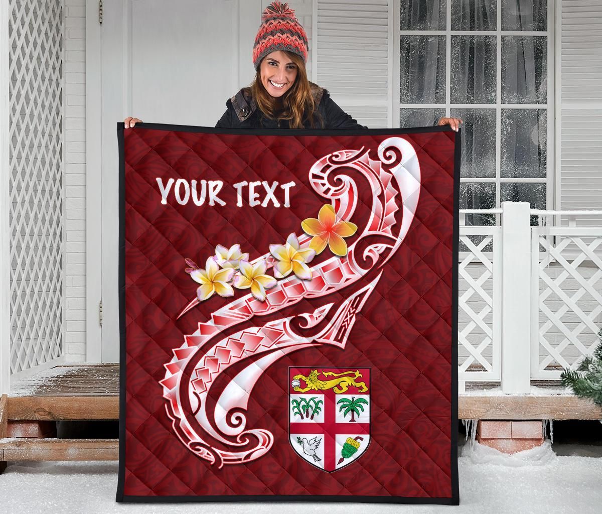 Fiji Custom Personalised Premium Quilt- Fiji Seal  Polynesian Patterns Plumeria (Red)