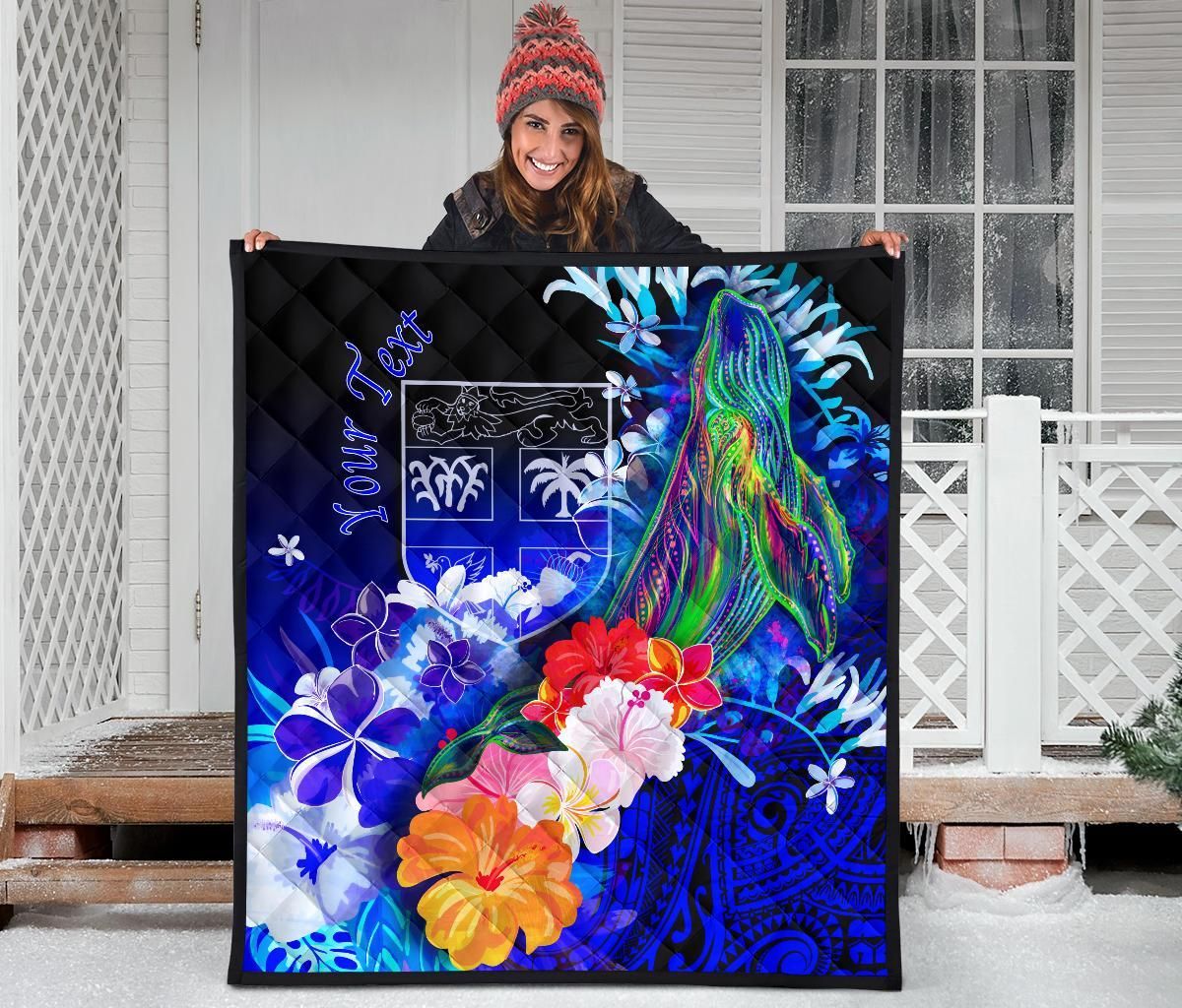 Fiji Custom Personalised Premium Quilt - Humpback Whale with Tropical Flowers (Blue)