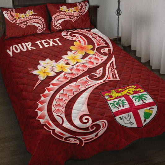 Fiji Custom Personalised Quilt Bed Set - Fiji Seal Polynesian Patterns Plumeria (Red)