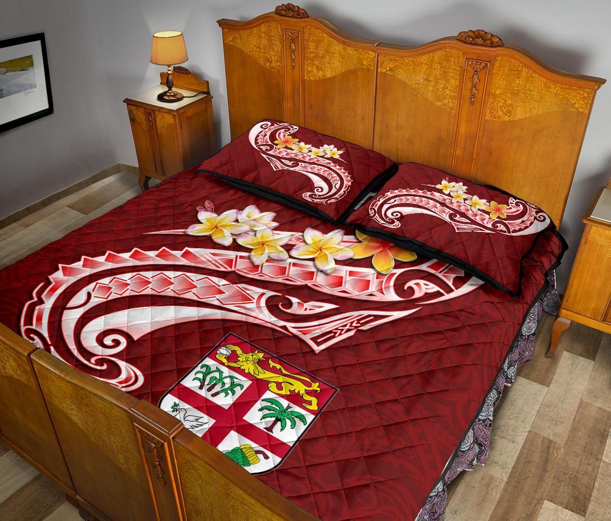 Fiji Custom Personalised Quilt Bed Set - Fiji Seal Polynesian Patterns Plumeria (Red)