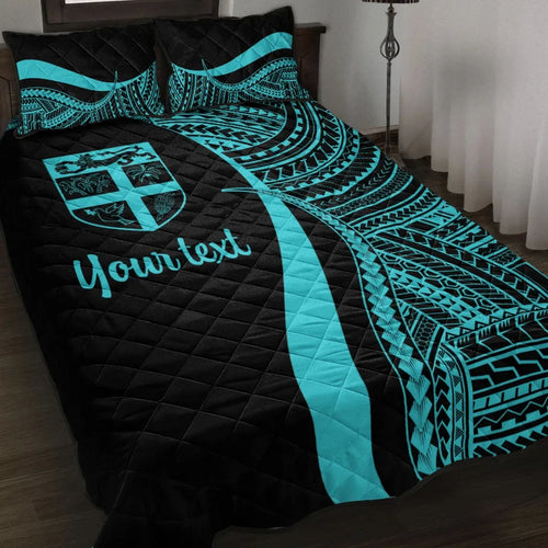 Fiji Custom Personalised Quilt Bed Set - Turquoise Polynesian Tentacle Tribal Pattern