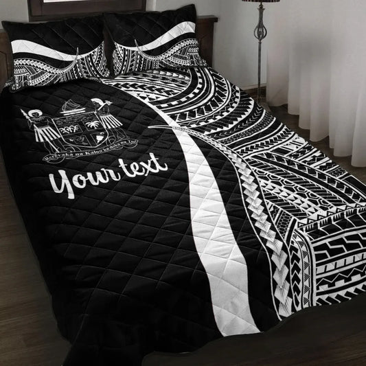 Fiji Custom Personalised Quilt Bed Set - White Polynesian Tentacle Tribal Pattern Crest