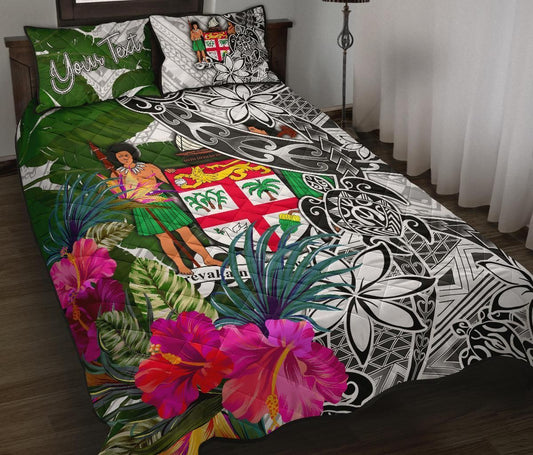 Fiji Custom Personalised Quilt Bed Set White - Turtle Plumeria Banana Leaf Crest