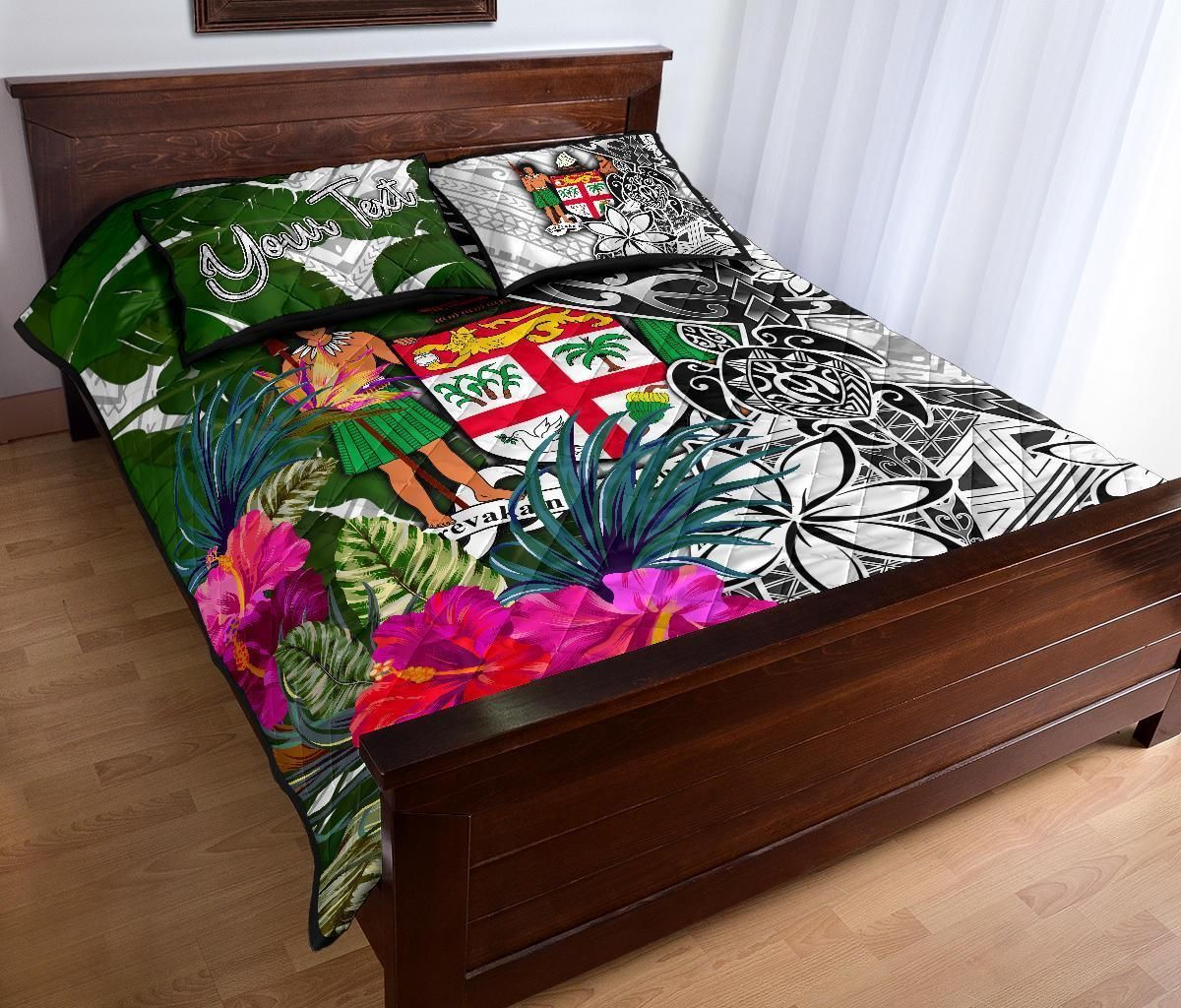 Fiji Custom Personalised Quilt Bed Set White - Turtle Plumeria Banana Leaf Crest