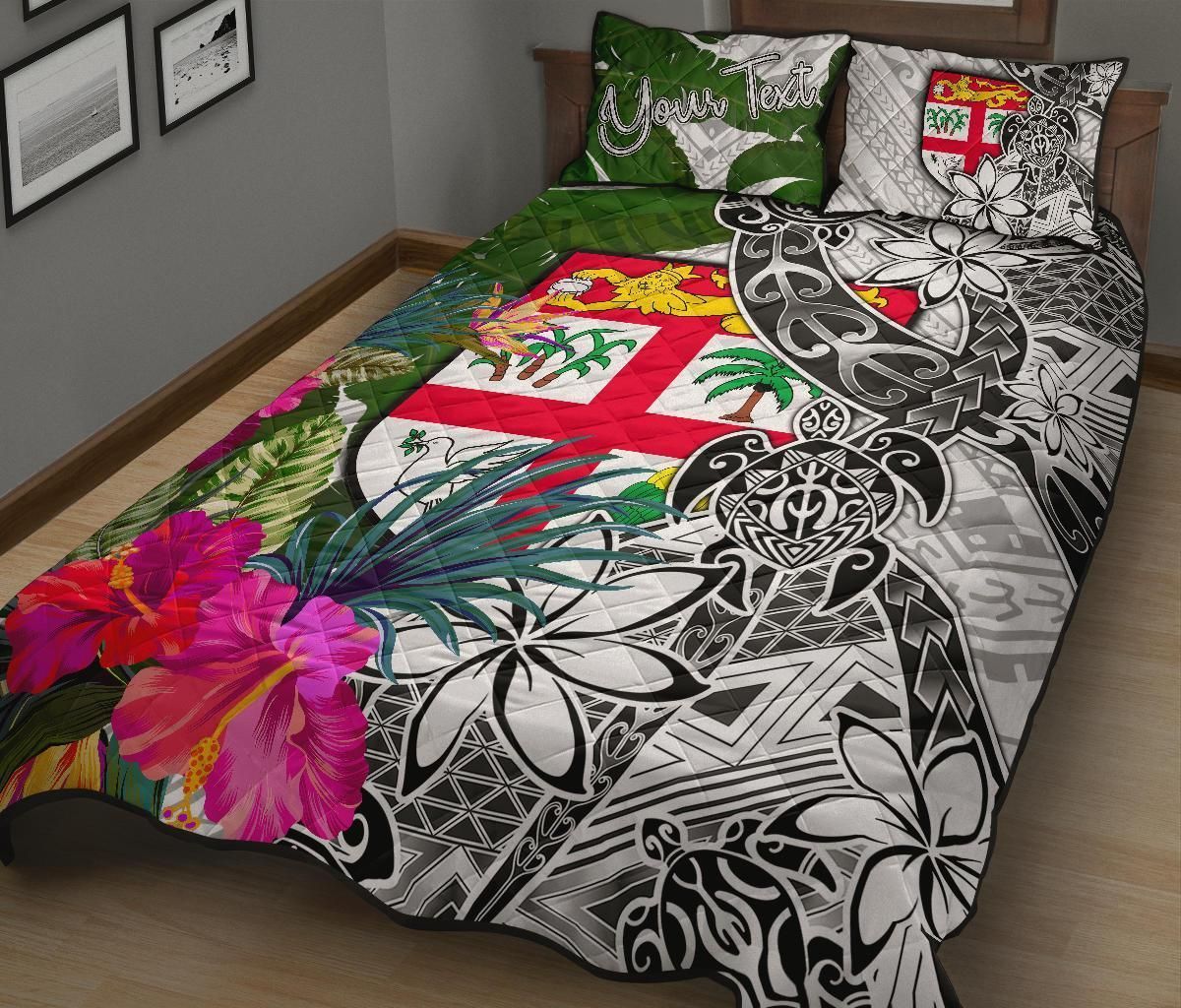 Fiji Custom Personalised Quilt Bed Set White - Turtle Plumeria Banana Leaf