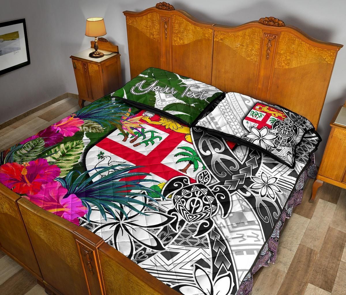 Fiji Custom Personalised Quilt Bed Set White - Turtle Plumeria Banana Leaf