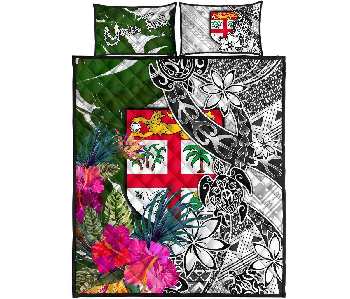 Fiji Custom Personalised Quilt Bed Set White - Turtle Plumeria Banana Leaf
