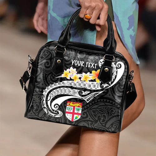 Fiji Custom Personalised Shoulder Handbag - Fiji Seal Polynesian Patterns Plumeria (Black)