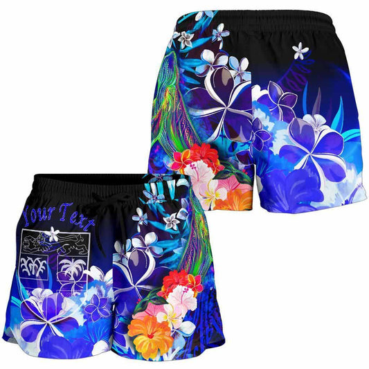 Fiji Custom Personalised Women Shorts - Humpback Whale with Tropical Flowers (Blue)
