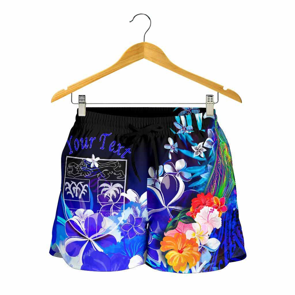 Fiji Custom Personalised Women Shorts - Humpback Whale with Tropical Flowers (Blue)