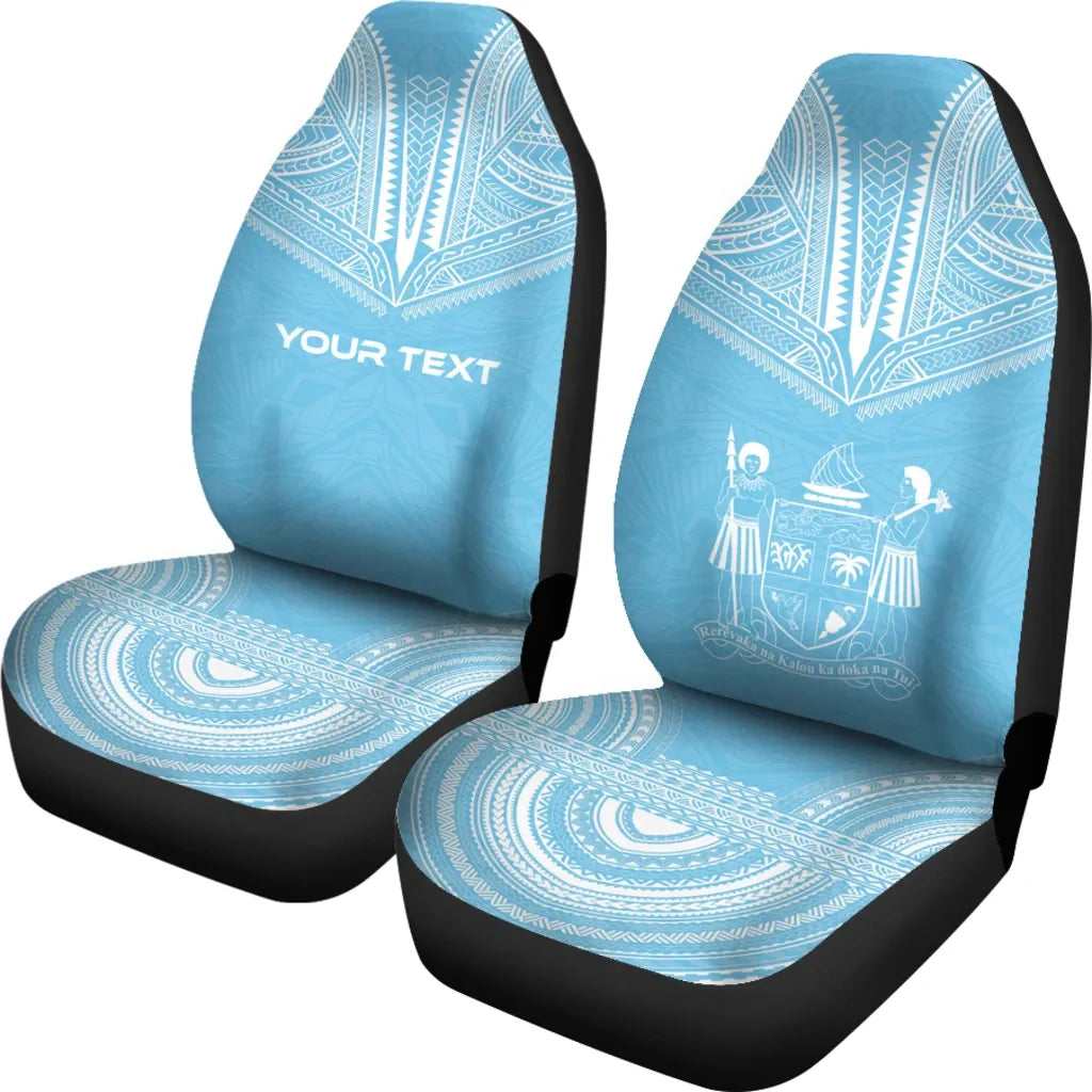 Fiji Custom Personalised Car Seat Cover - Fiji Coat Of Arms Polynesian Chief Tattoo Light Blue Version