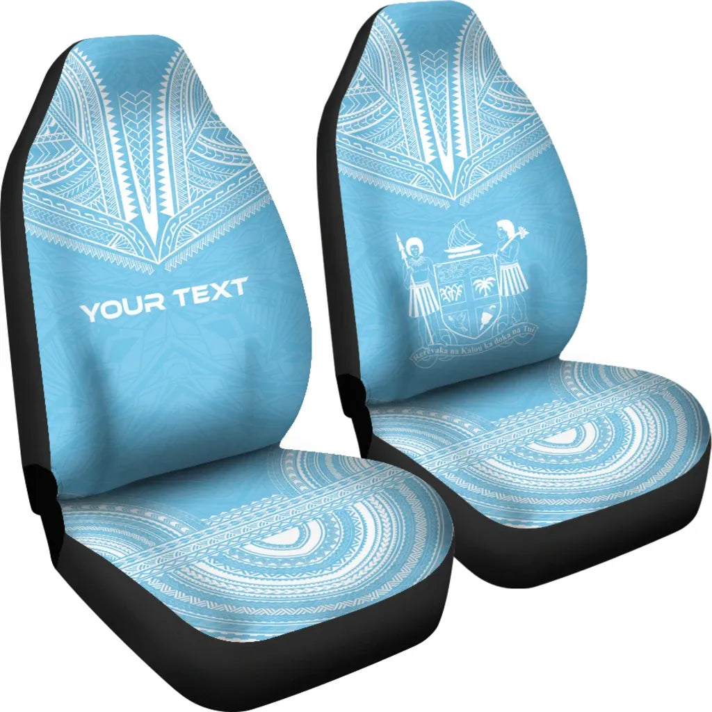 Fiji Custom Personalised Car Seat Cover - Fiji Coat Of Arms Polynesian Chief Tattoo Light Blue Version