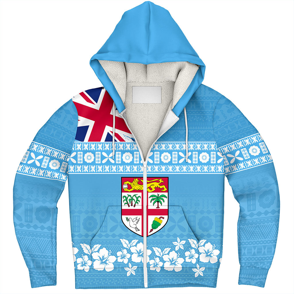 Fiji Sherpa Hoodie Bula Pattern Flag With Hibiscus Flower