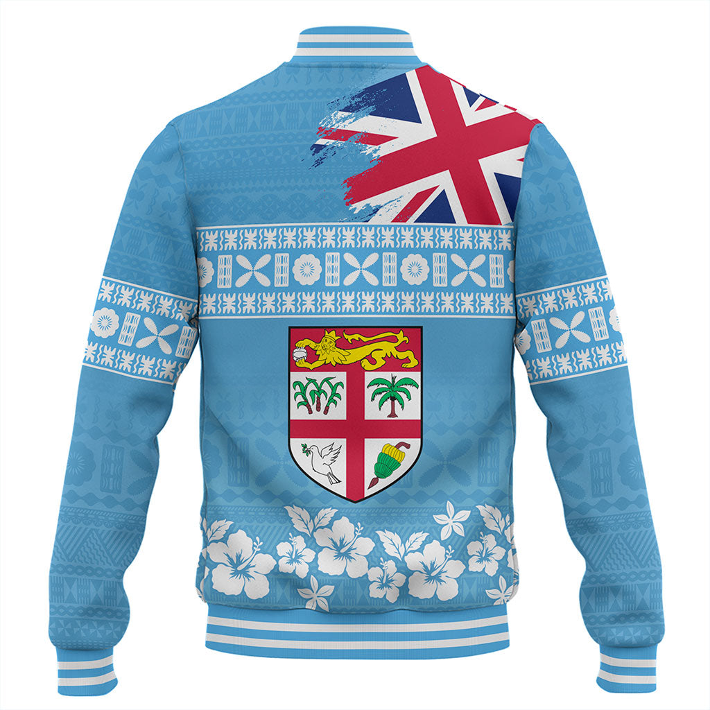 Fiji Baseball Jacket Bula Pattern Flag With Hibiscus Flower