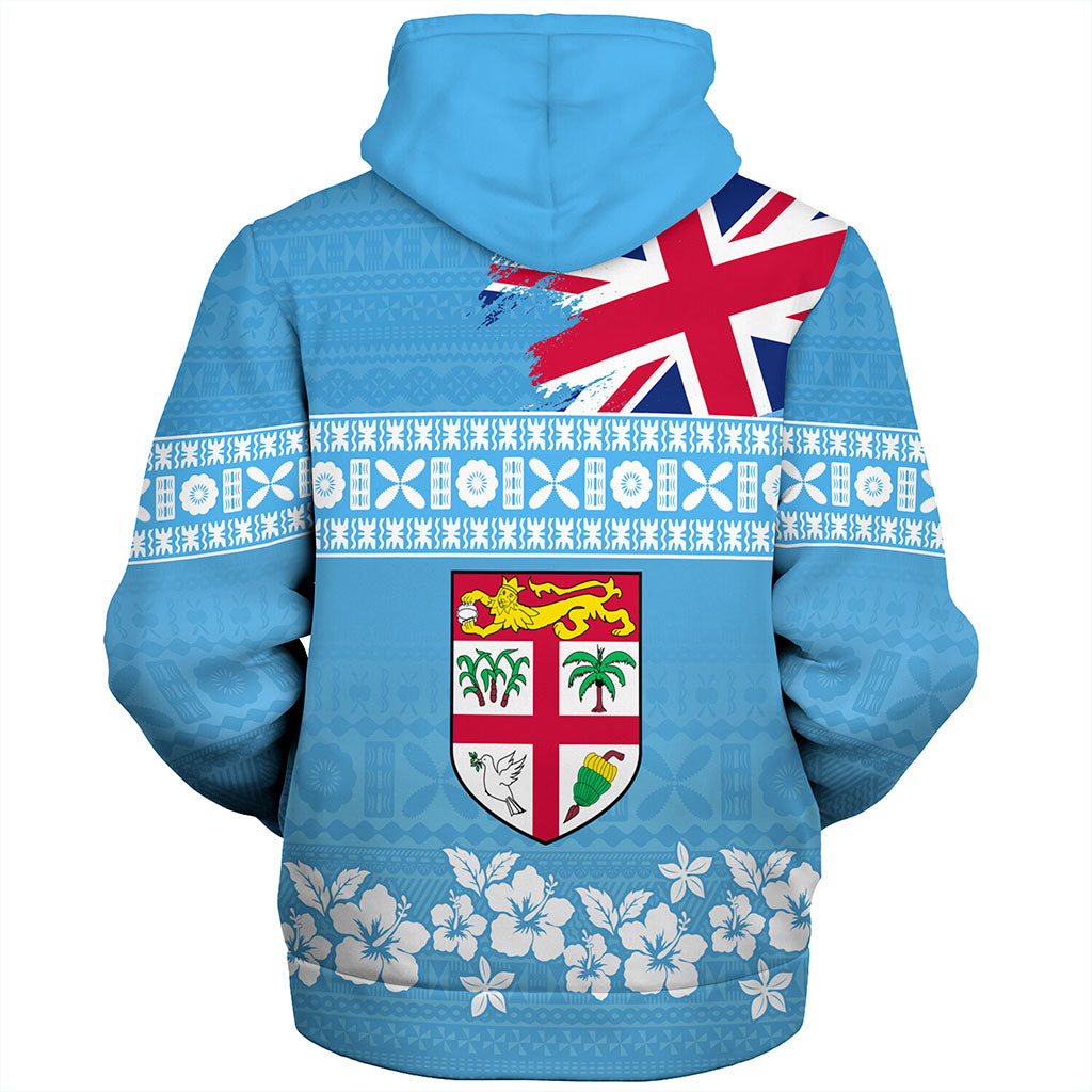 Fiji Sherpa Hoodie Bula Pattern Flag With Hibiscus Flower