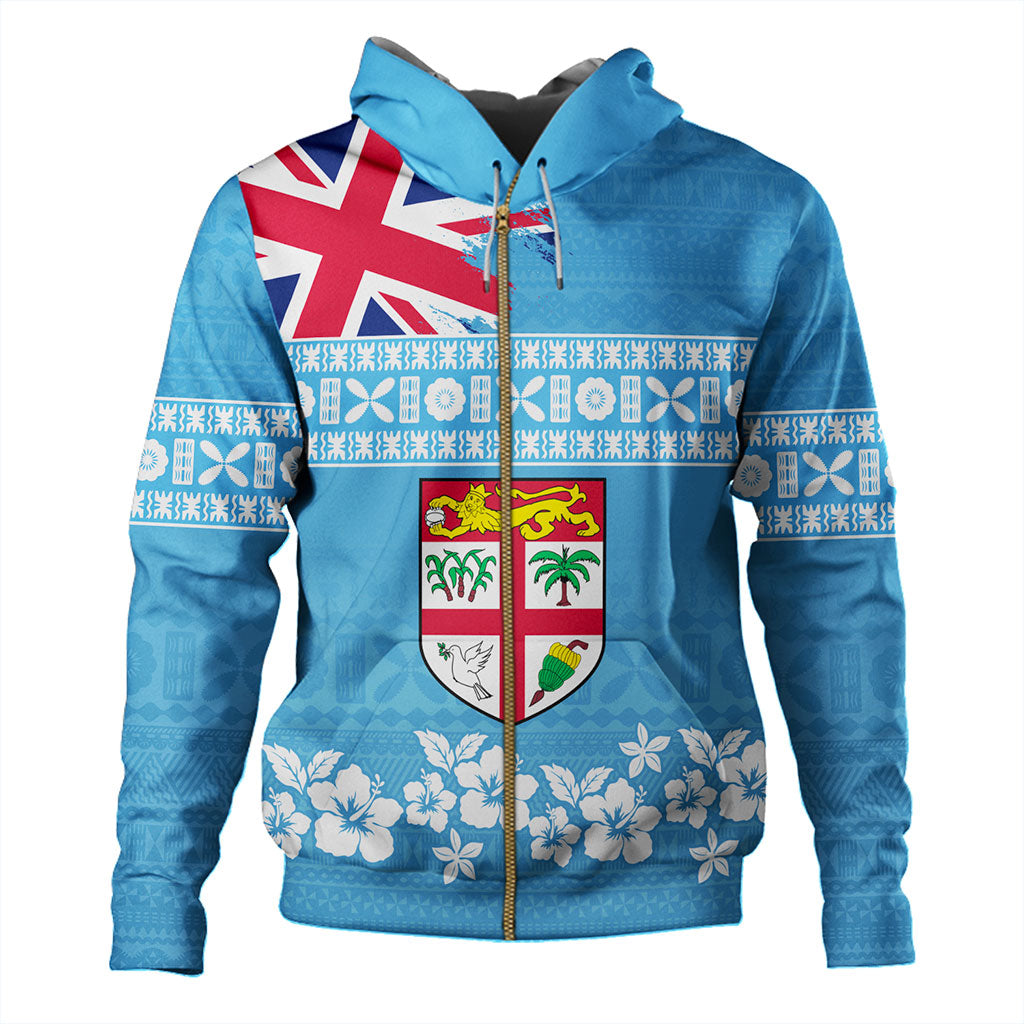 Fiji Hoodie Bula Pattern Flag With Hibiscus Flower