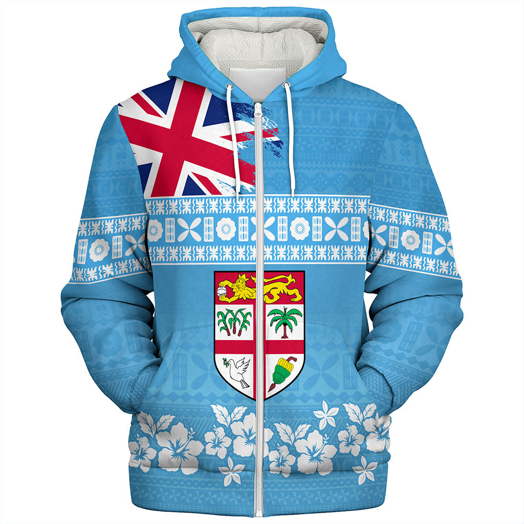 Fiji Sherpa Hoodie Bula Pattern Flag With Hibiscus Flower
