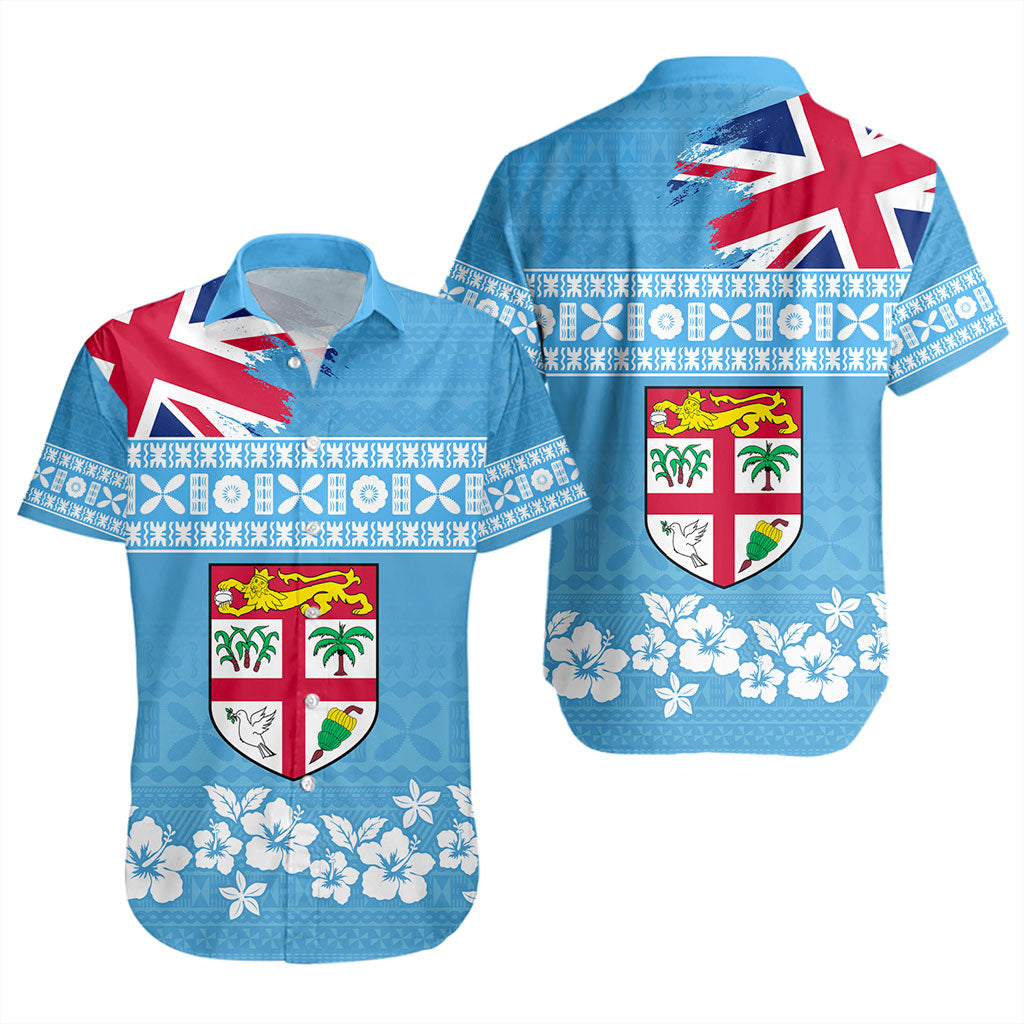 Fiji Short Sleeve Shirt Bula Pattern Flag With Hibiscus Flower