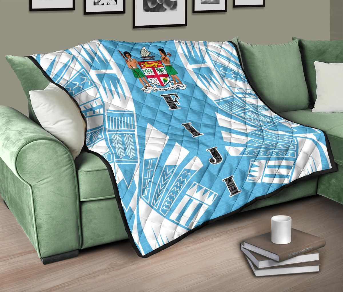 Fiji Premium Quilt - Fiji Coat Of Arms Polynesian White Tattoo (Blue)