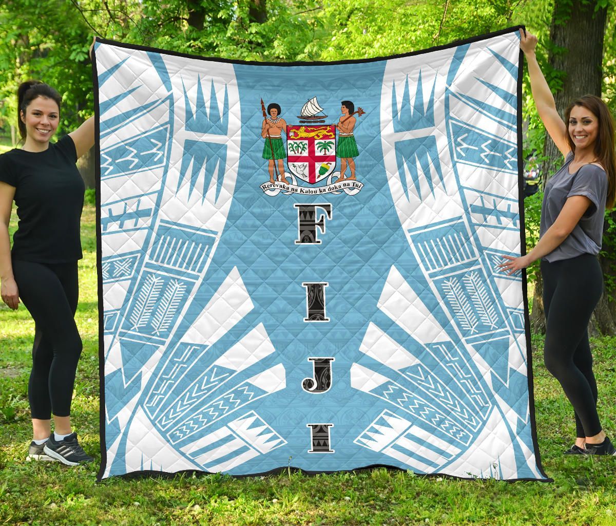 Fiji Premium Quilt - Fiji Coat Of Arms Polynesian White Tattoo (Blue)