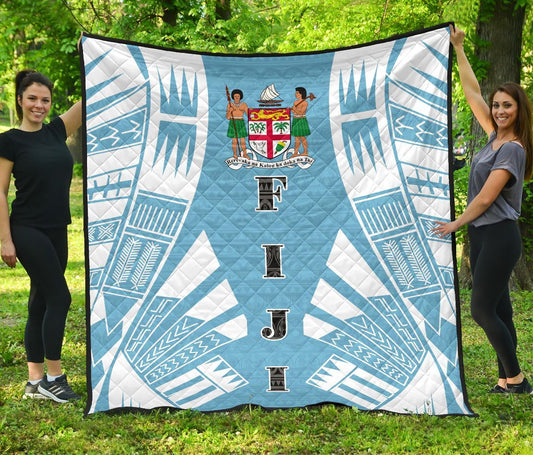 Fiji Premium Quilt - Fiji Coat Of Arms Polynesian White Tattoo (Blue)