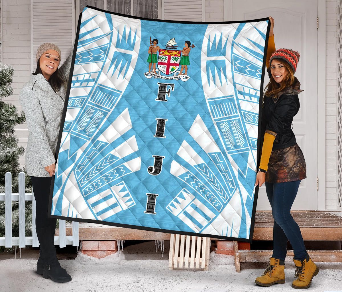 Fiji Premium Quilt - Fiji Coat Of Arms Polynesian White Tattoo (Blue)