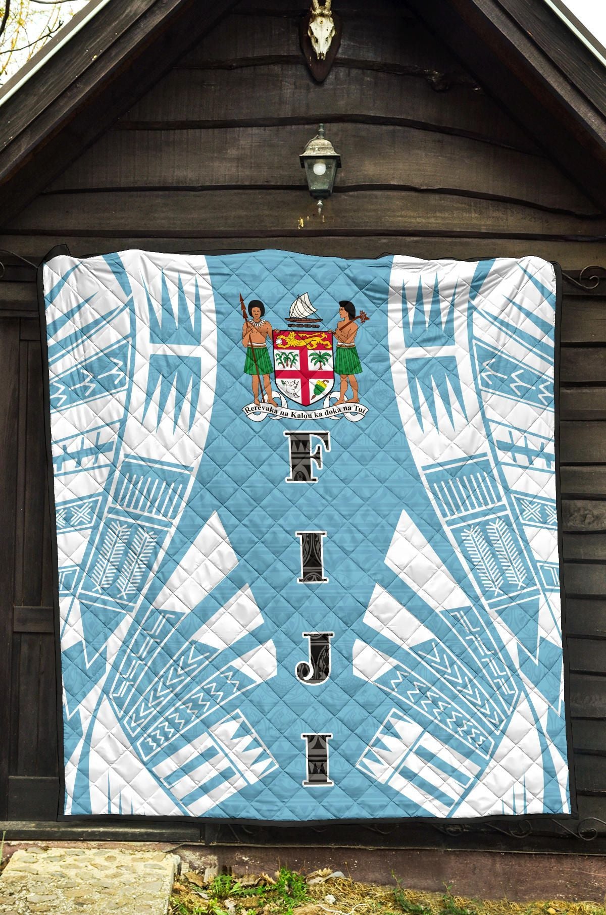 Fiji Premium Quilt - Fiji Coat Of Arms Polynesian White Tattoo (Blue)