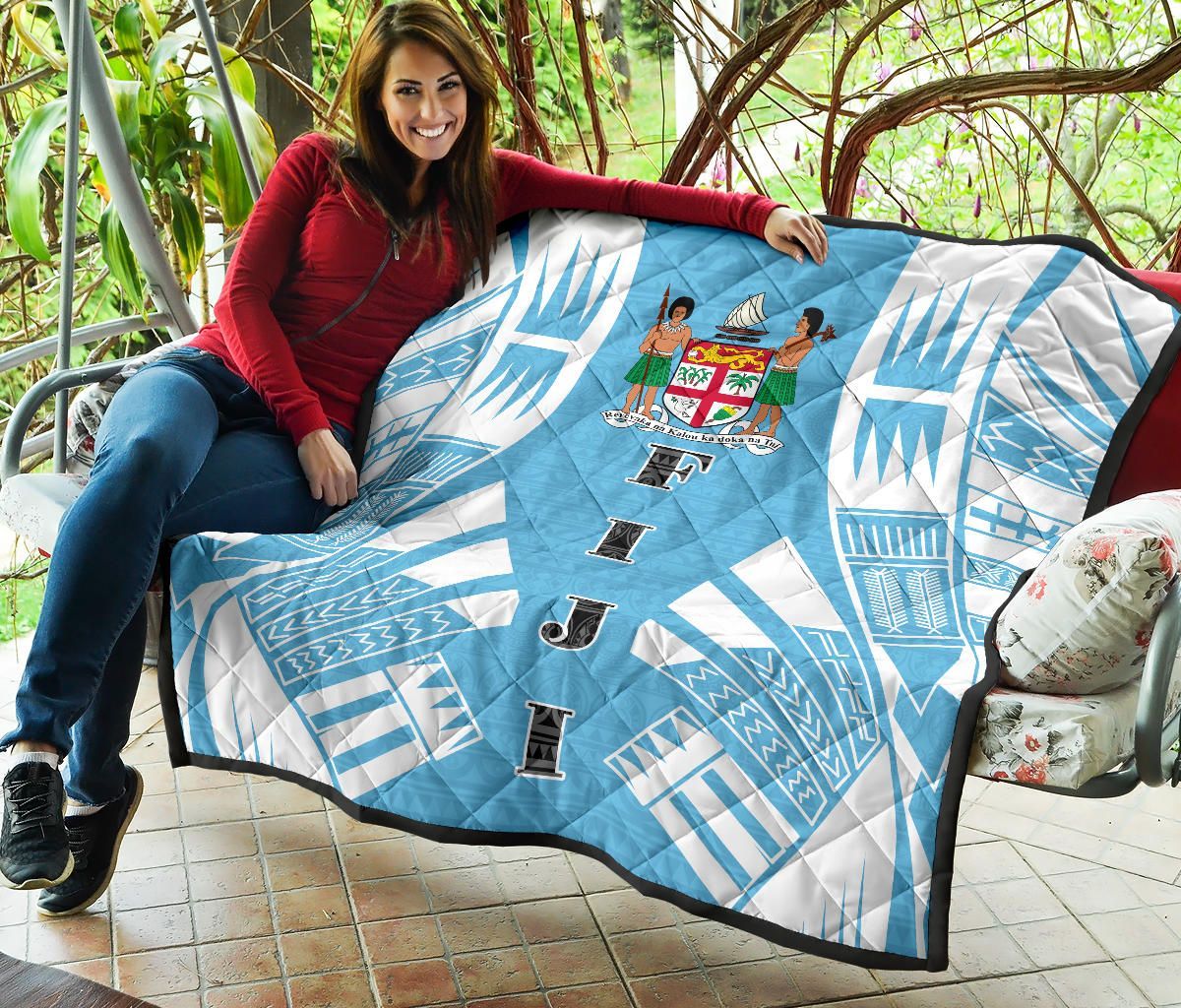 Fiji Premium Quilt - Fiji Coat Of Arms Polynesian White Tattoo (Blue)