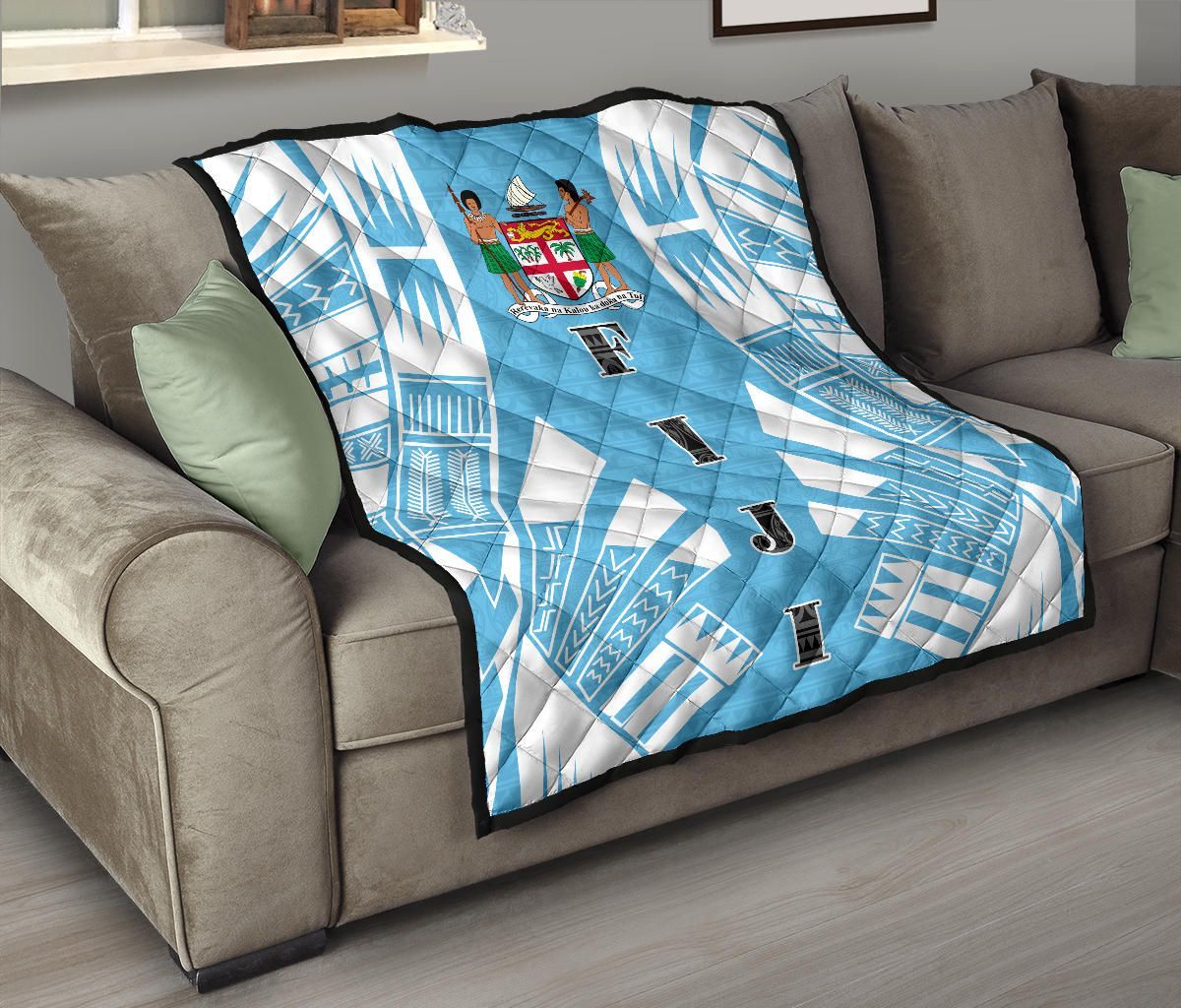 Fiji Premium Quilt - Fiji Coat Of Arms Polynesian White Tattoo (Blue)