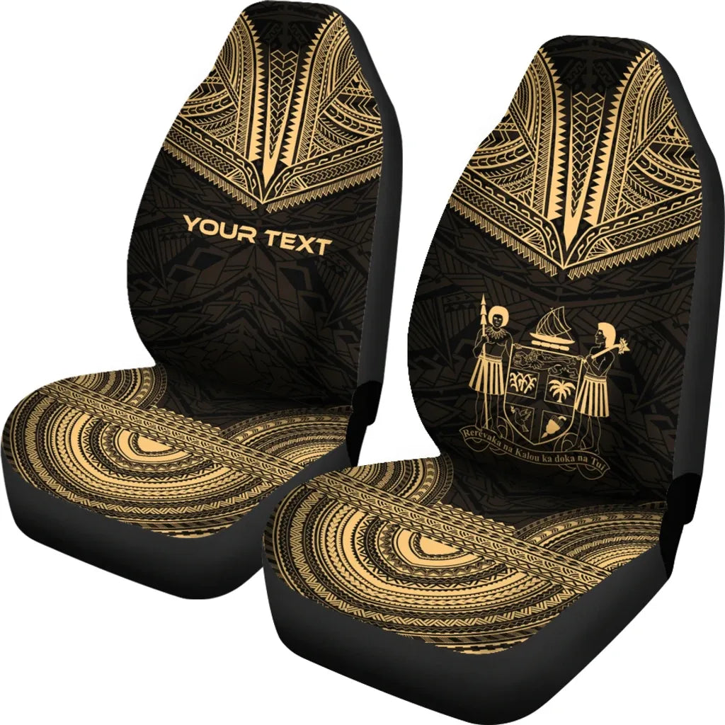 Fiji Custom Personalised Car Seat Cover - Fiji Coat Of Arms Polynesian Chief Tattoo Gold Version