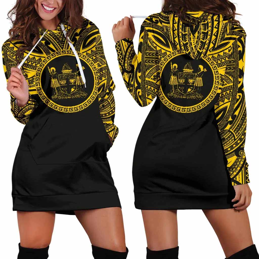 Fiji Female Hoodie Dress - Fiji Coat Of Arms Polynesian Gold Black