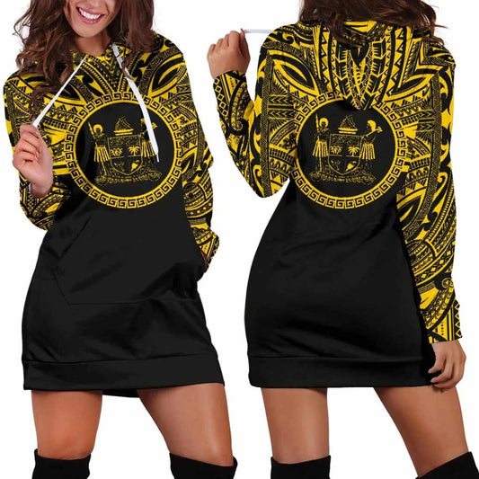 Fiji Female Hoodie Dress - Fiji Coat Of Arms Polynesian Gold Black