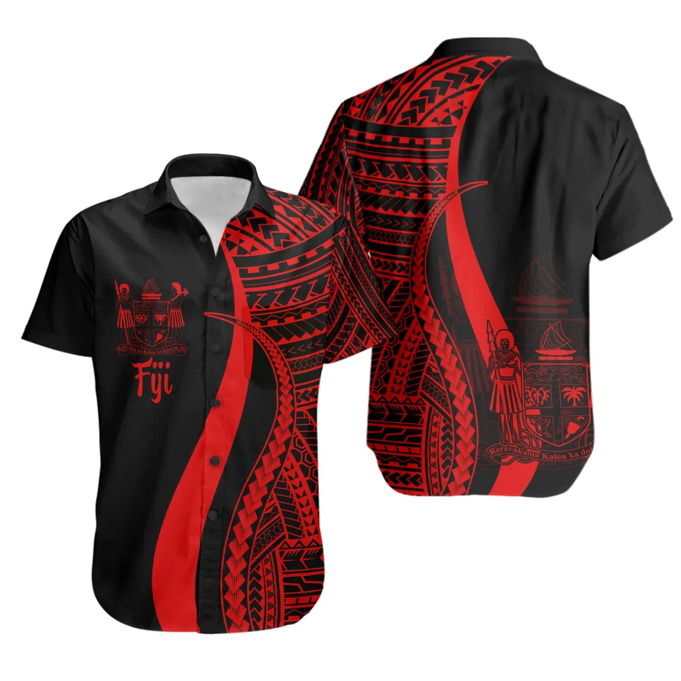 Fiji Short Sleeve Shirt - Red Polynesian Tentacle Tribal Pattern Crest