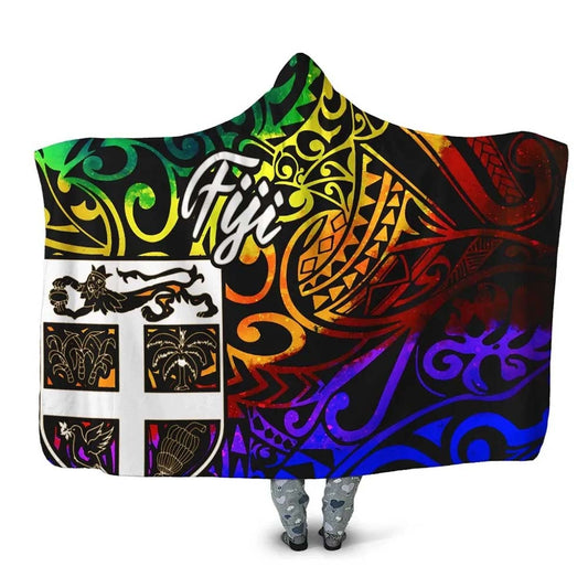 Fiji Hooded Blanket - Rainbow Polynesian Pattern