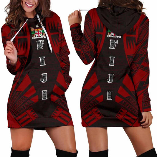 Fiji Hoodie Dress - Polynesian Tattoo Red