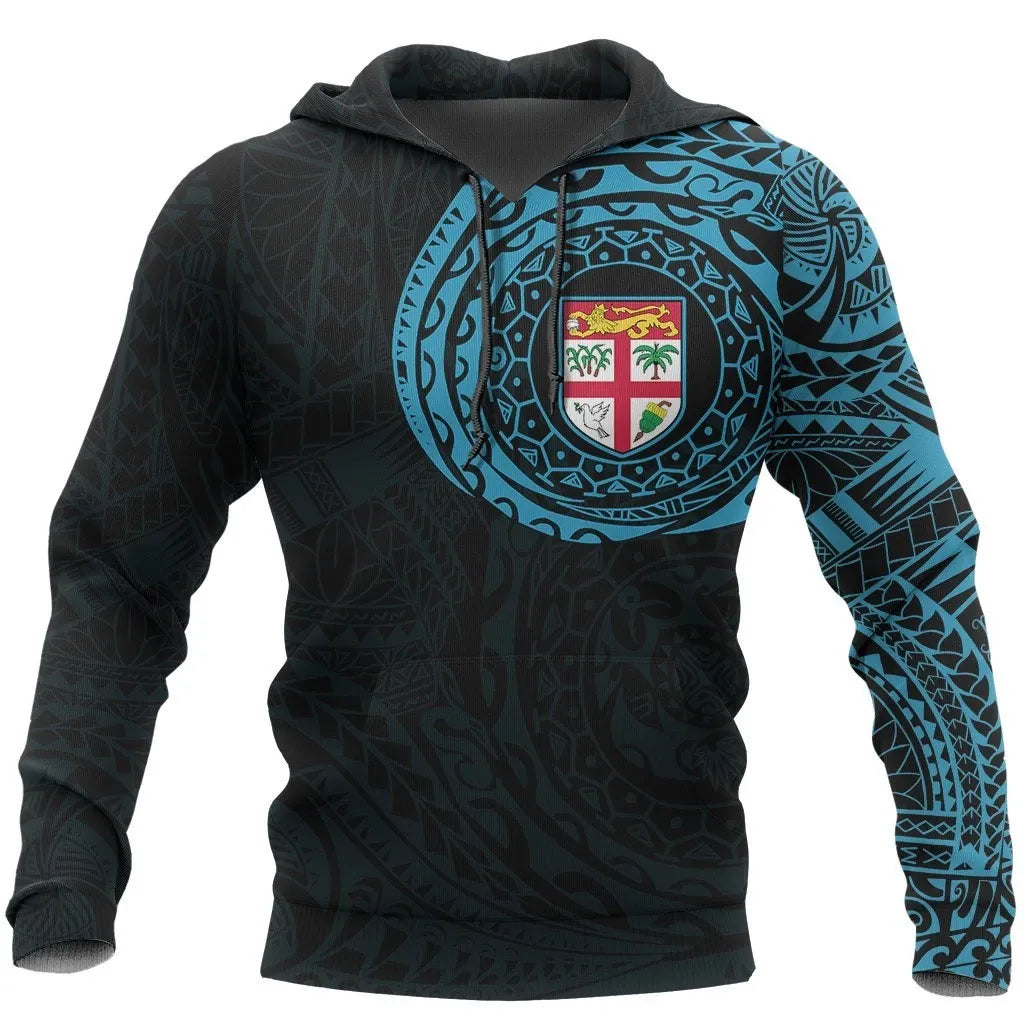 Fiji Hoodie - Fiji Flag Polynesian Tattoo Style Blue