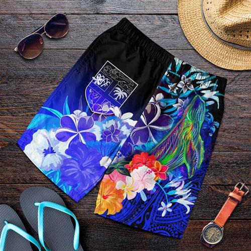 Fiji Men Shorts - Humpback Whale with Tropical Flowers (Blue)