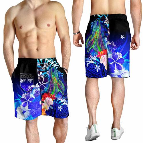 Fiji Men Shorts - Humpback Whale with Tropical Flowers (Blue)