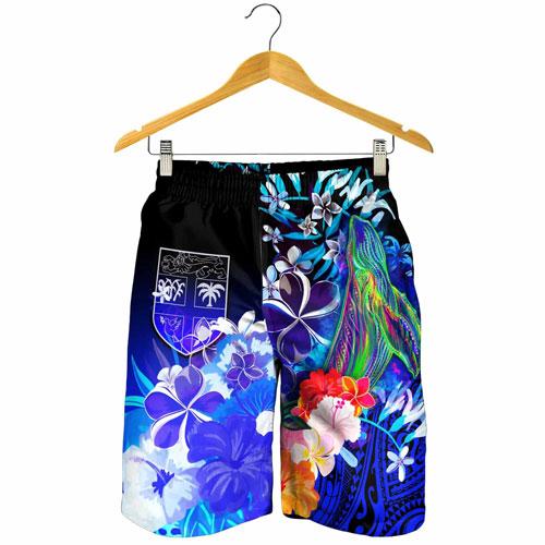 Fiji Men Shorts - Humpback Whale with Tropical Flowers (Blue)