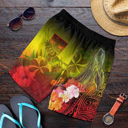 Fiji Men Shorts - Humpback Whale with Tropical Flowers (Yellow)