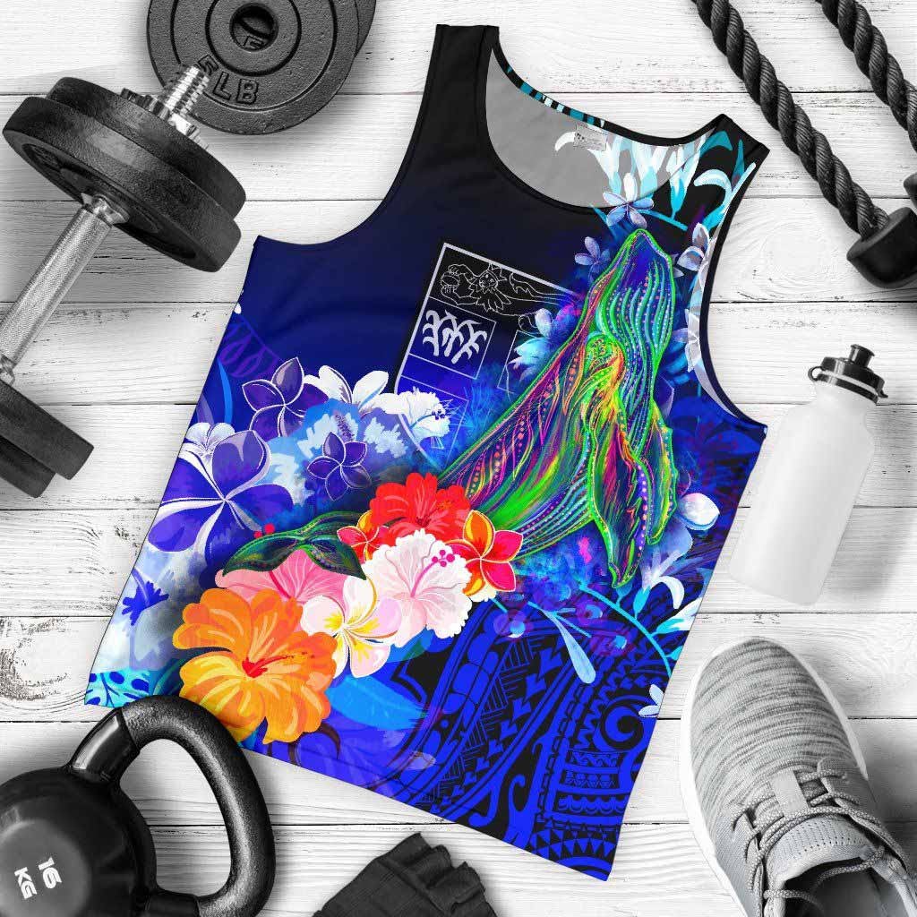 Fiji Men Tank Top - Humpback Whale with Tropical Flowers (Blue)