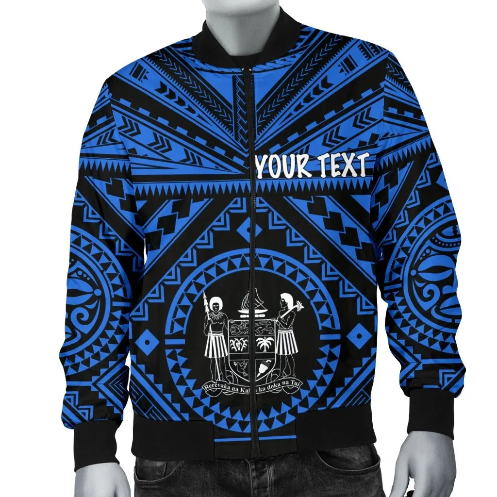 Fiji Personalised Bomber Jacket - Fiji Seal With Polynesian Tattoo Style (Blue)