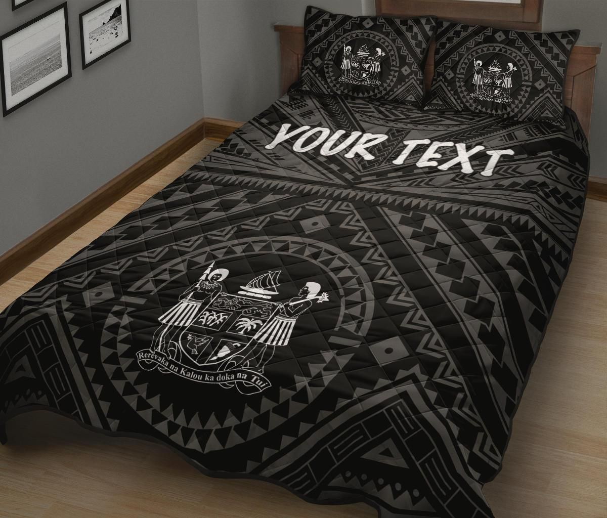 Fiji Personalised Quilt Bed Set - Fiji Seal With Polynesian Tattoo Style ( Black)