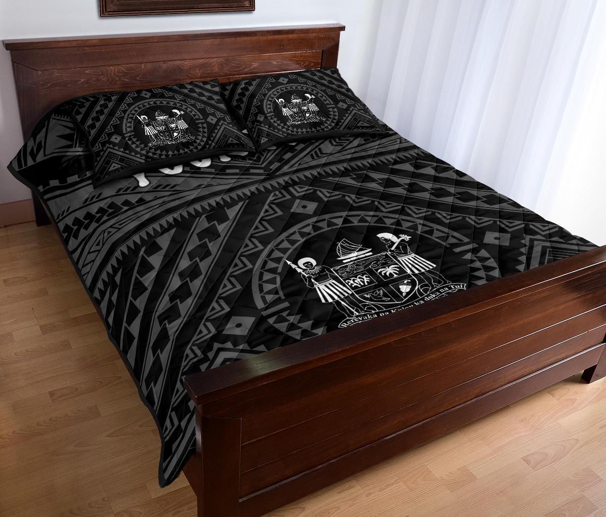 Fiji Personalised Quilt Bed Set - Fiji Seal With Polynesian Tattoo Style ( Black)