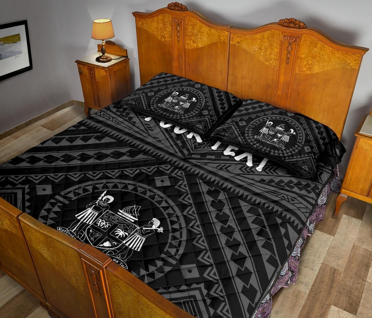 Fiji Personalised Quilt Bed Set - Fiji Seal With Polynesian Tattoo Style ( Black)