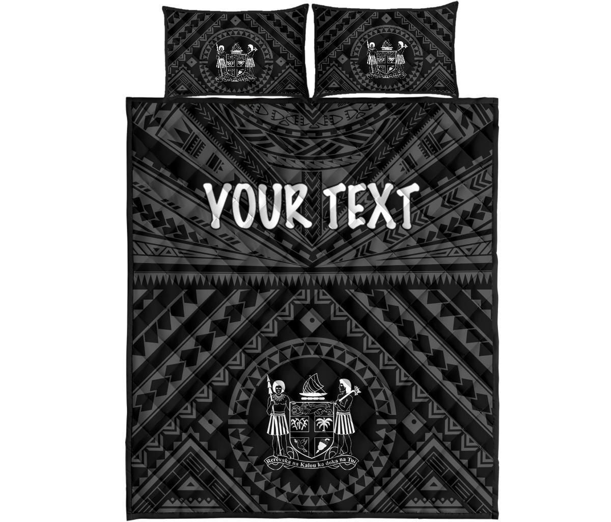 Fiji Personalised Quilt Bed Set - Fiji Seal With Polynesian Tattoo Style ( Black)