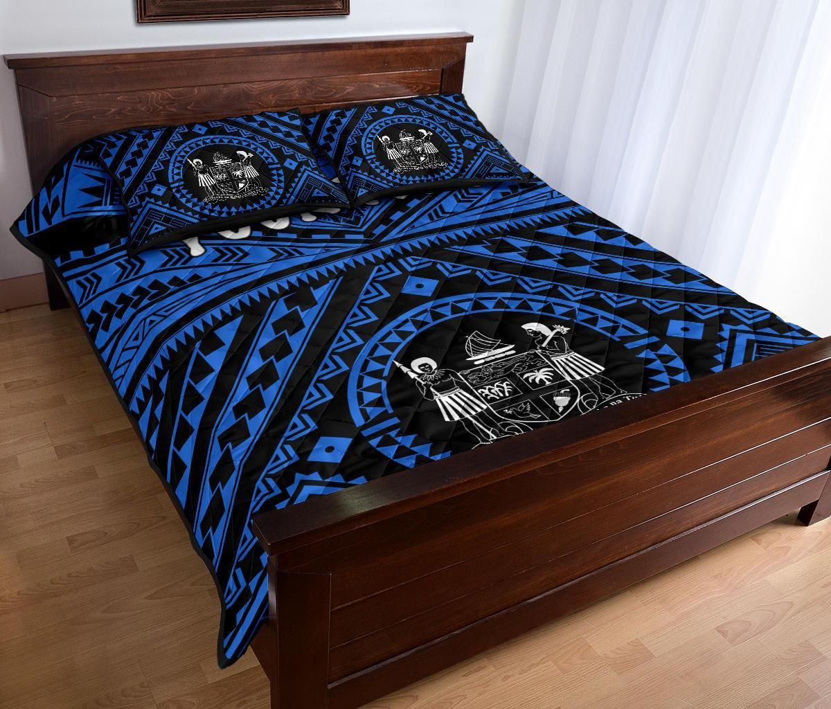 Fiji Personalised Quilt Bed Set - Fiji Seal With Polynesian Tattoo Style ( Blue)