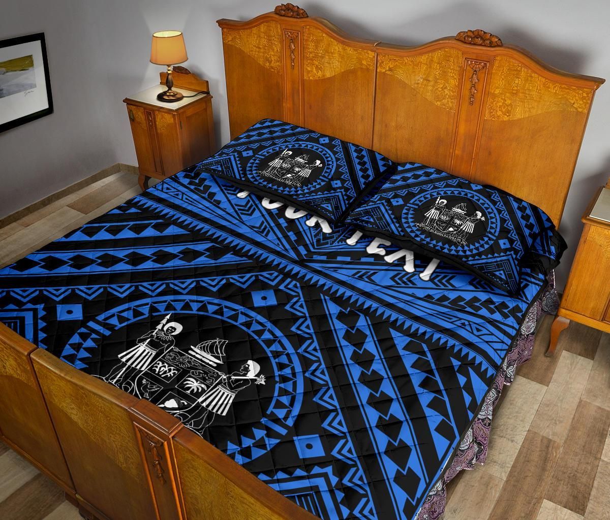 Fiji Personalised Quilt Bed Set - Fiji Seal With Polynesian Tattoo Style ( Blue)