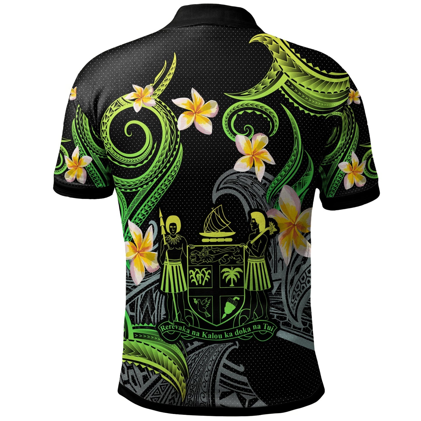 Fiji Polo Shirt - Custom Personalised Polynesian Waves with Plumeria Flowers (Green)